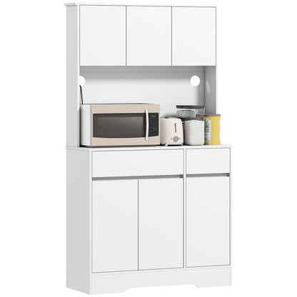 Kitchen Cabinet Buffet Cabinet with Worktop, 6 Doors, Tall Cabinet with Adjustable Shelves, Cable Holes, Microwave Cabinet Modern Pantry Cabinet, White, 100 x 38 x 180 cm