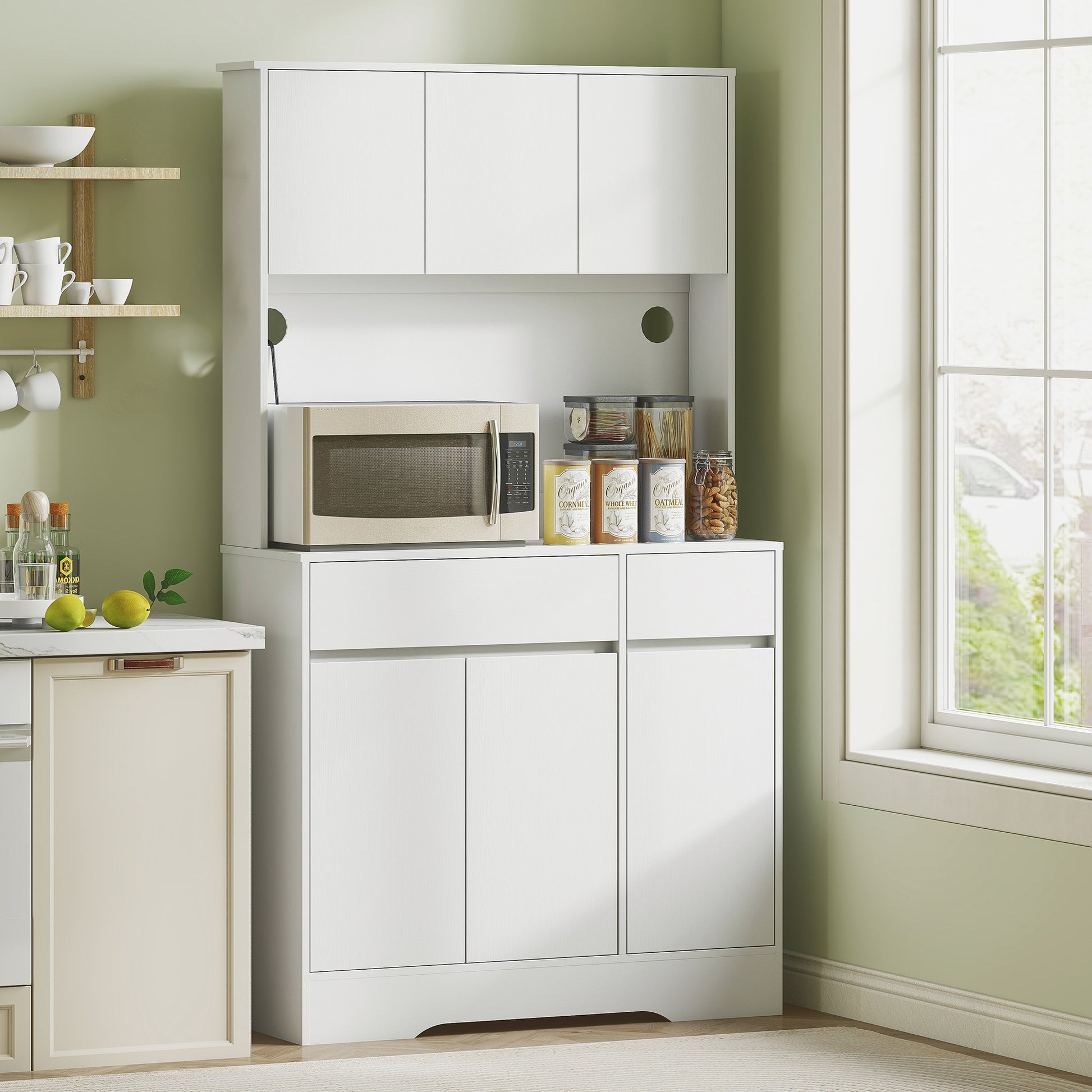 Kitchen Cabinet Buffet Cabinet with Worktop, 6 Doors, Tall Cabinet with Adjustable Shelves, Cable Holes, Microwave Cabinet Modern Pantry Cabinet, White, 100 x 38 x 180 cm