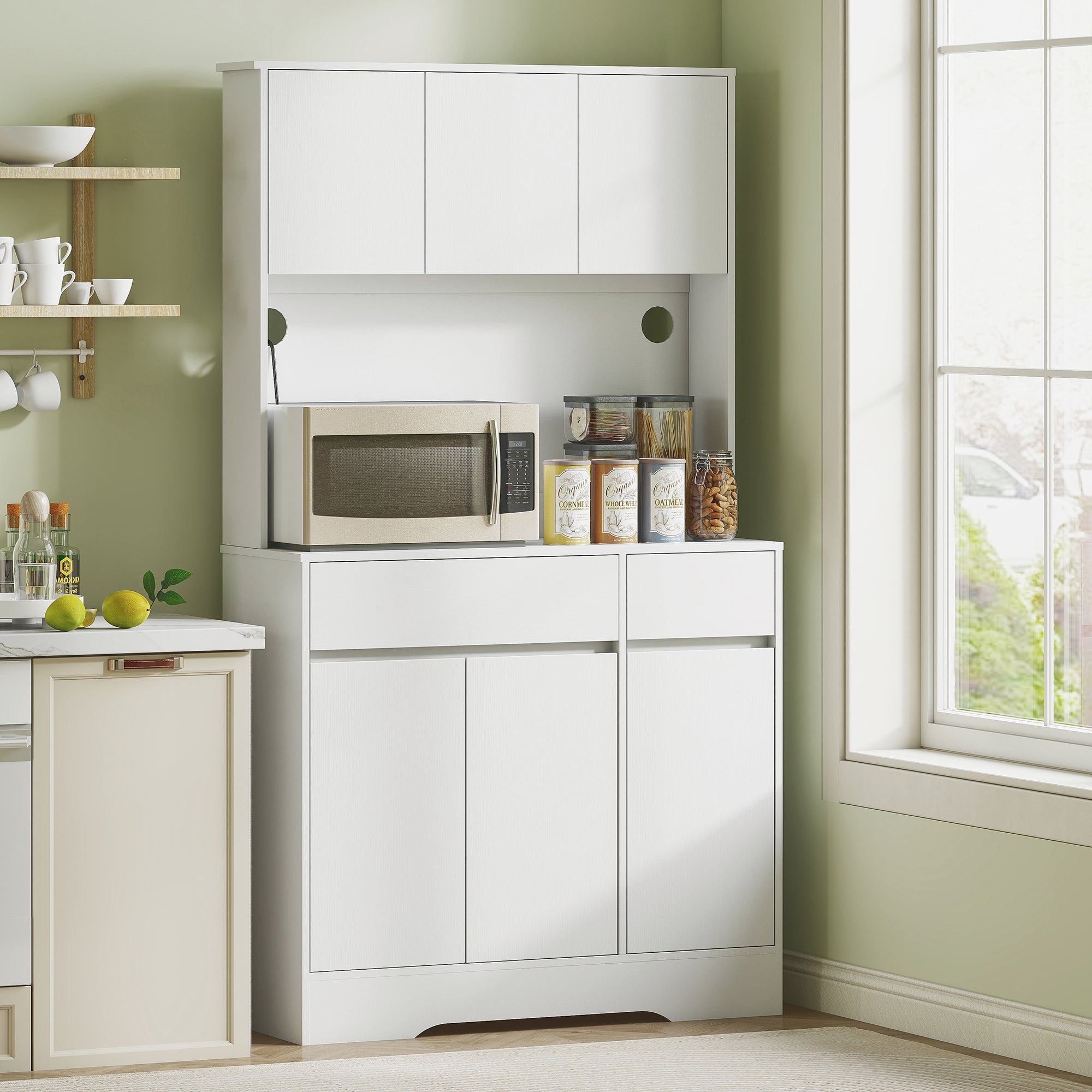 Kitchen Cabinet Buffet Cabinet with Worktop, 6 Doors, Tall Cabinet with Adjustable Shelves, Cable Holes, Microwave Cabinet Modern Pantry Cabinet, White, 100 x 38 x 180 cm