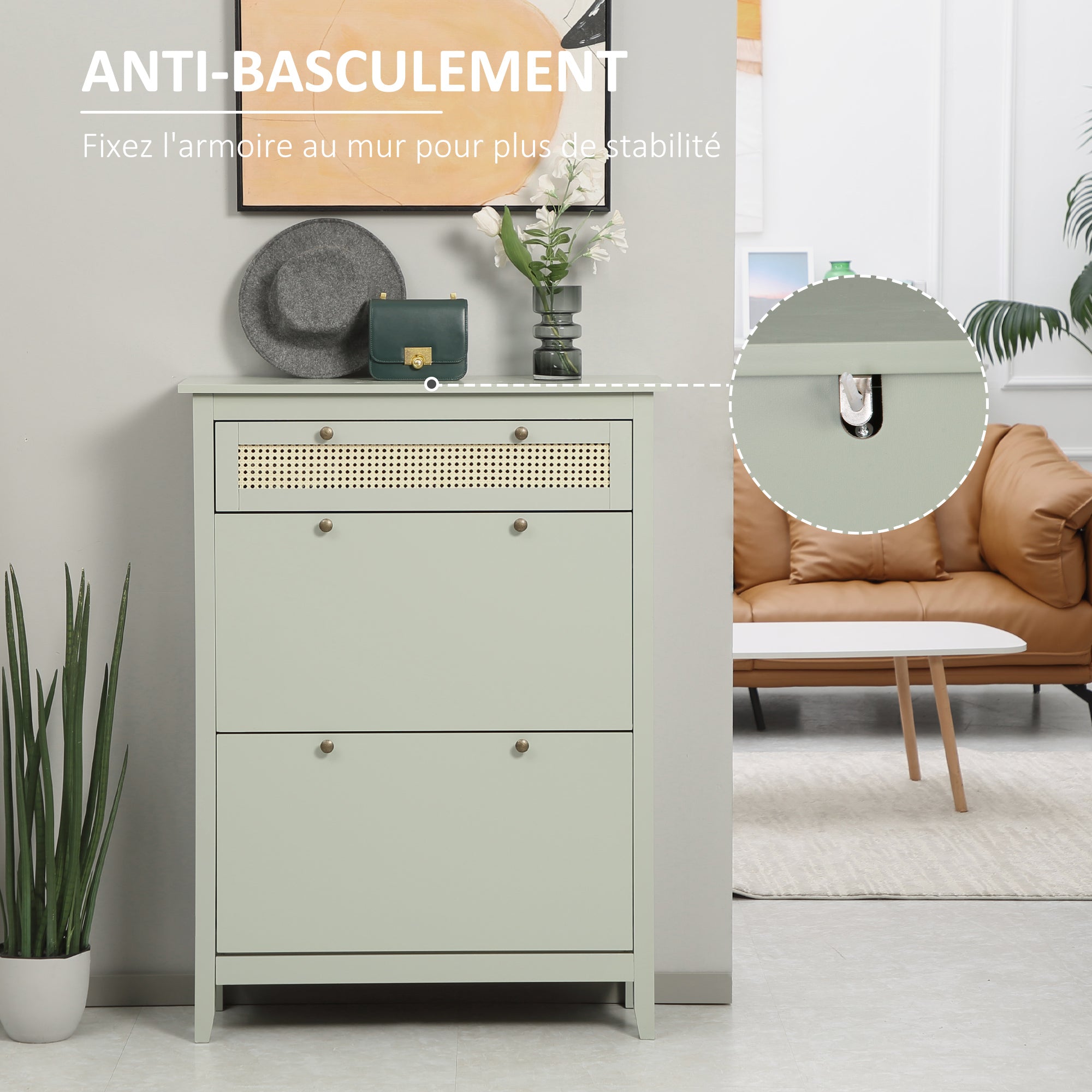 Bohemian Chic Shoe Cabinet - 2 Flip Doors 2 Adjustable Shelves Drawer - Water Green MDF Woven Rattan Look