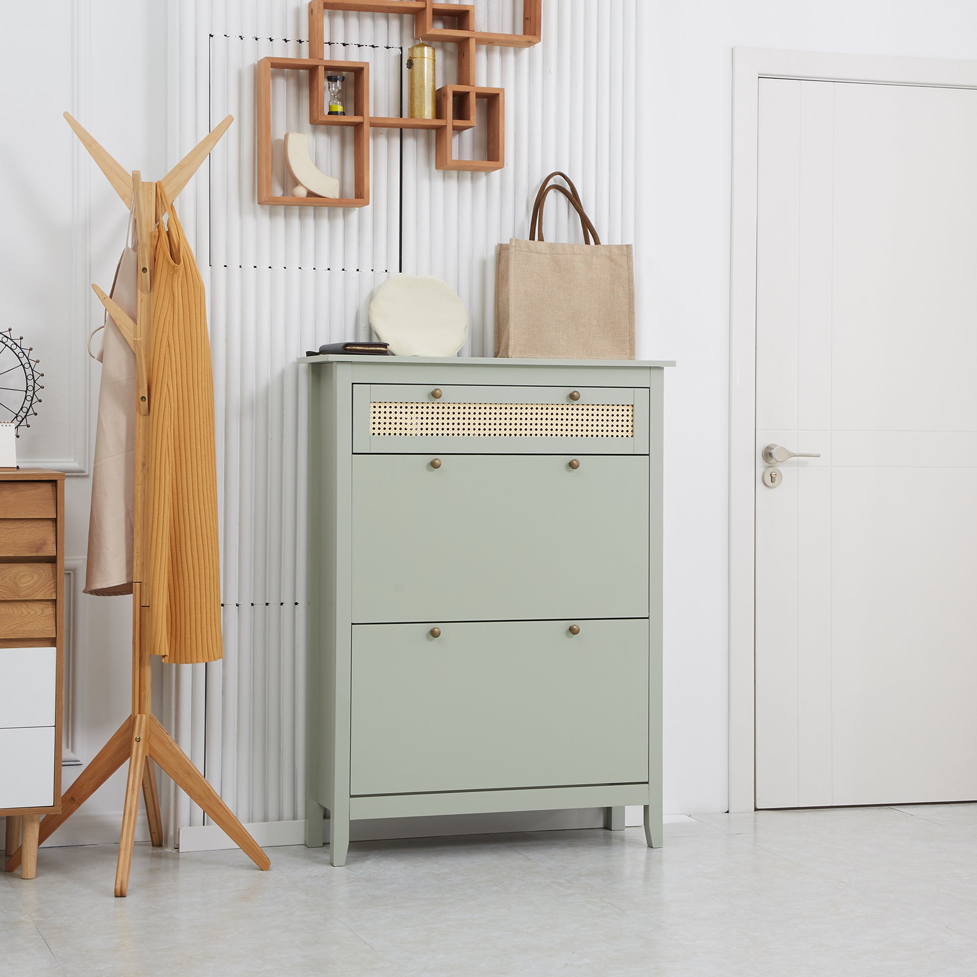 Bohemian Chic Shoe Cabinet - 2 Flip Doors 2 Adjustable Shelves Drawer - Water Green MDF Woven Rattan Look