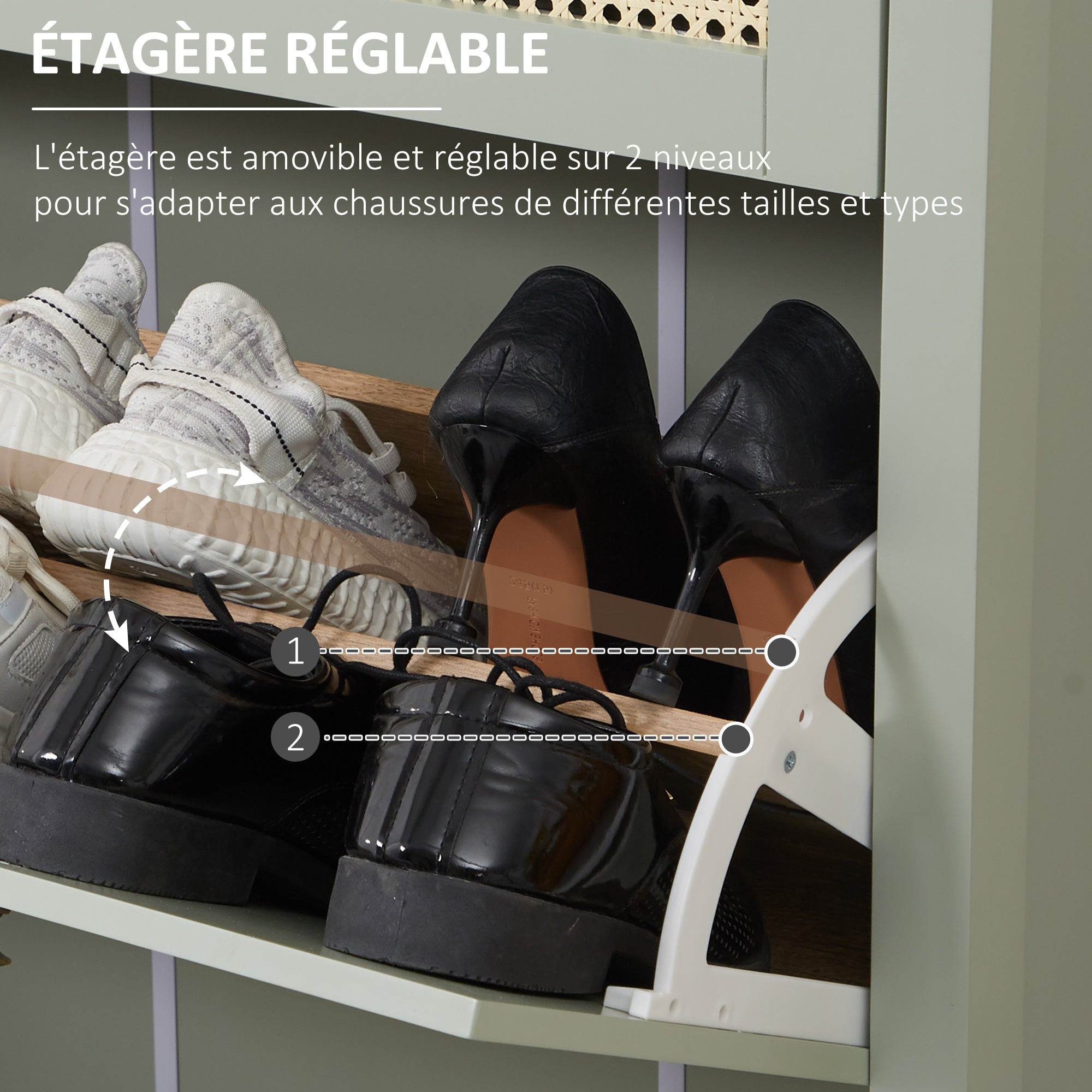 Bohemian Chic Shoe Cabinet - 2 Flip Doors 2 Adjustable Shelves Drawer - Water Green MDF Woven Rattan Look