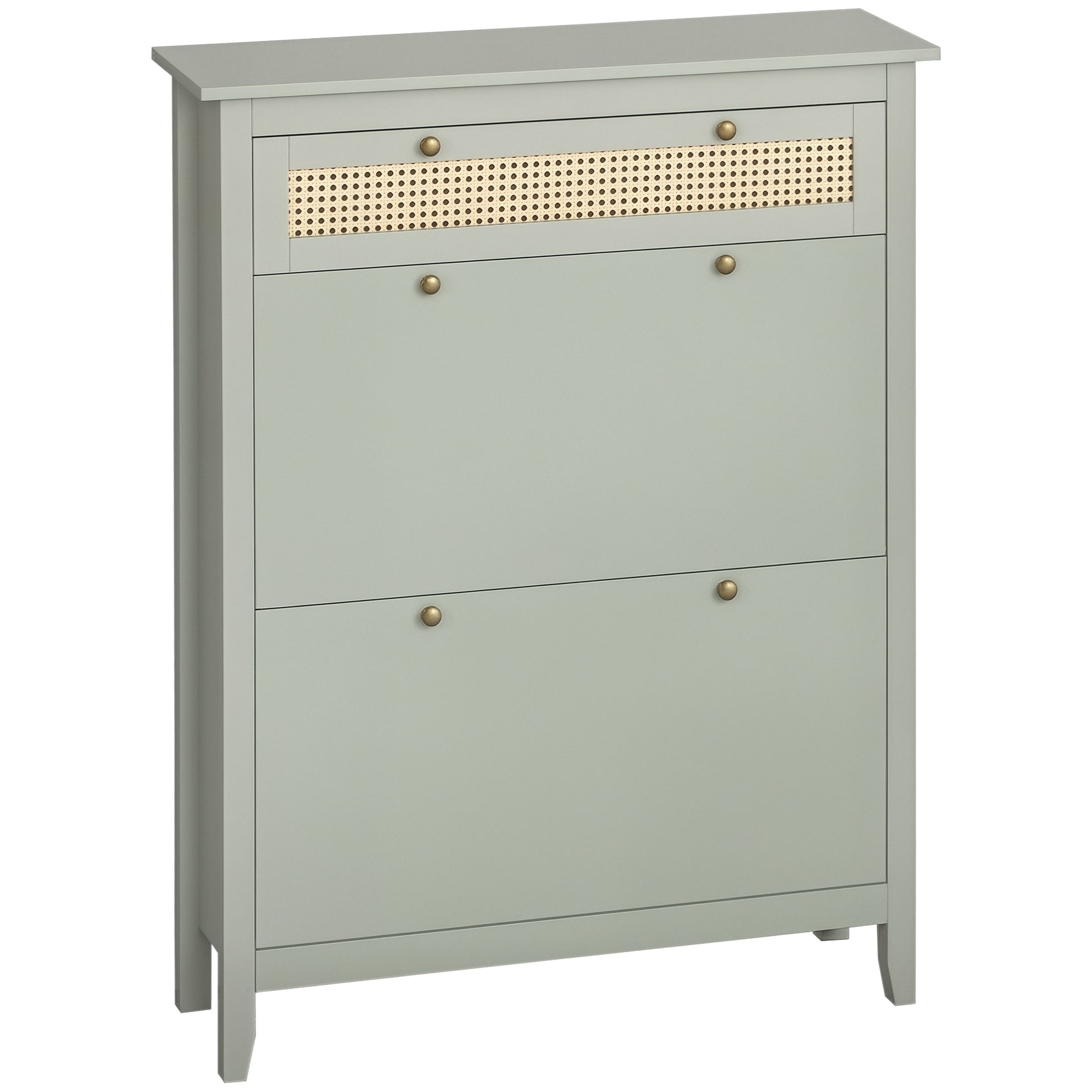 Bohemian Chic Shoe Cabinet - 2 Flip Doors 2 Adjustable Shelves Drawer - Water Green MDF Woven Rattan Look
