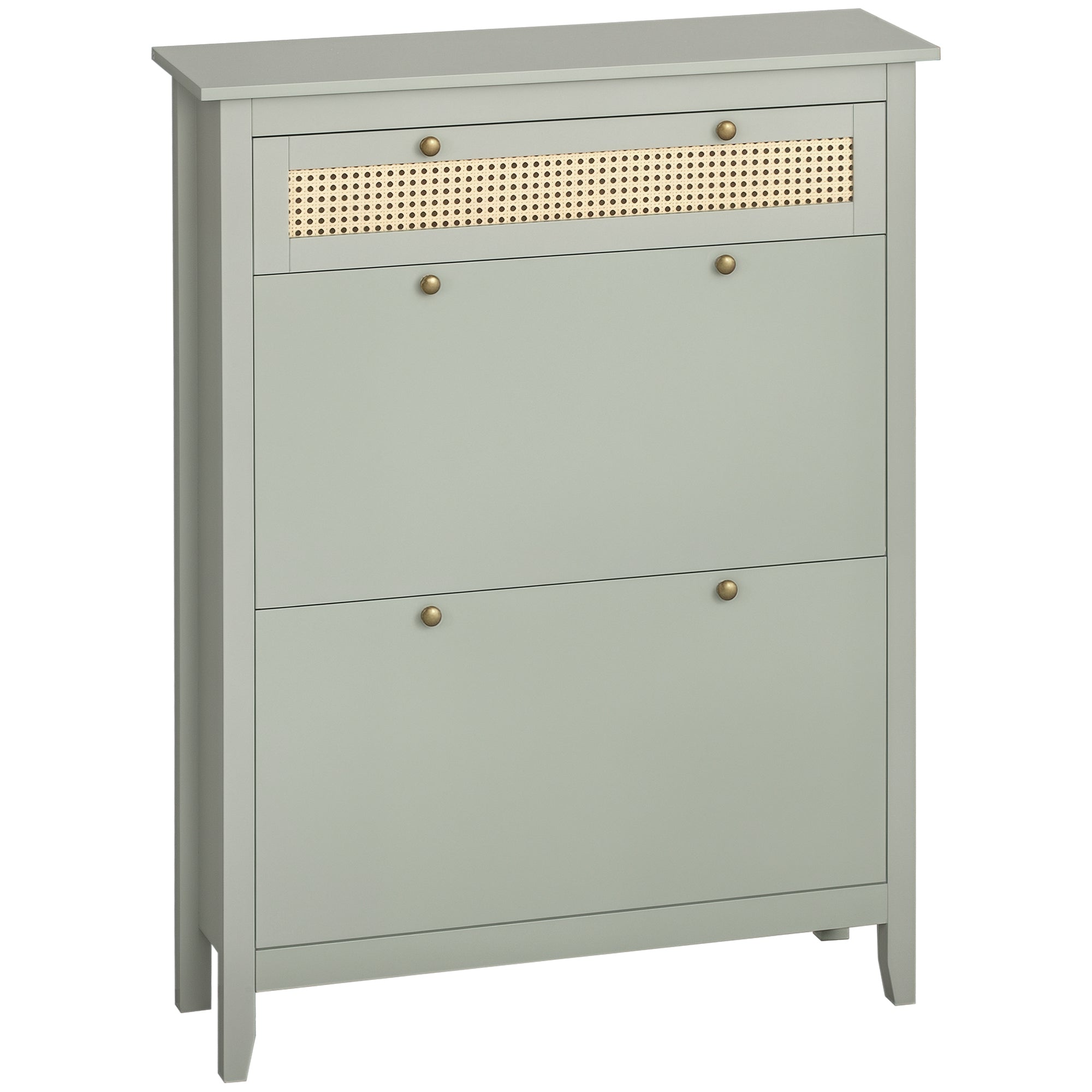 Bohemian Chic Shoe Cabinet - 2 Flip Doors 2 Adjustable Shelves Drawer - Water Green MDF Woven Rattan Look