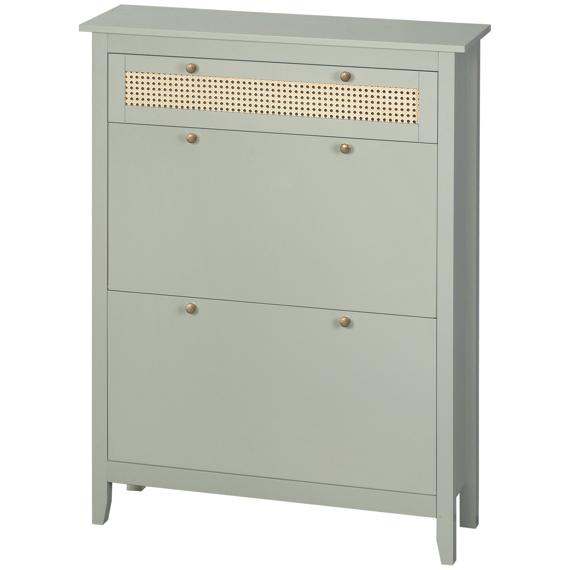 Bohemian Chic Shoe Cabinet - 2 Flip Doors 2 Adjustable Shelves Drawer - Water Green MDF Woven Rattan Look