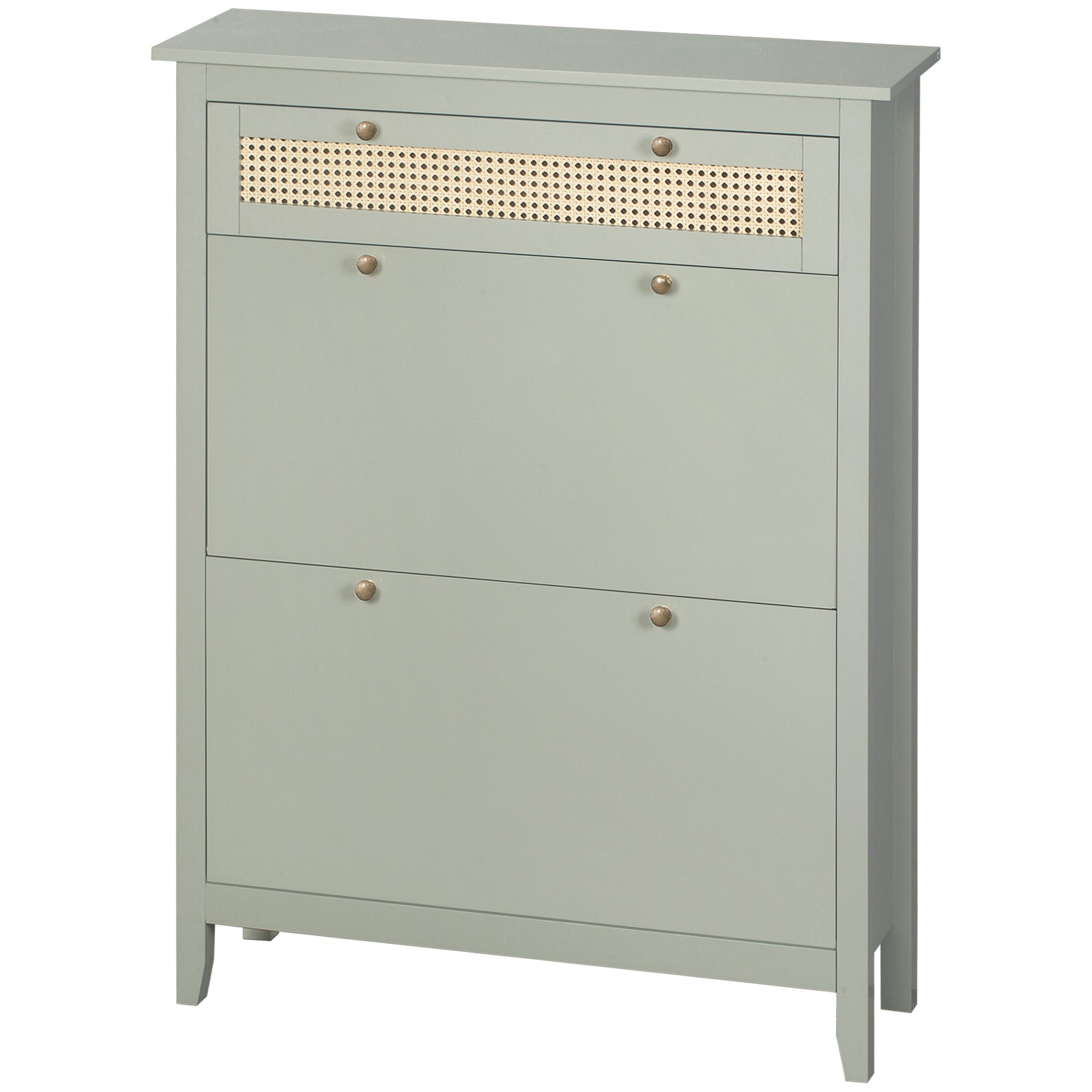 Bohemian Chic Shoe Cabinet - 2 Flip Doors 2 Adjustable Shelves Drawer - Water Green MDF Woven Rattan Look