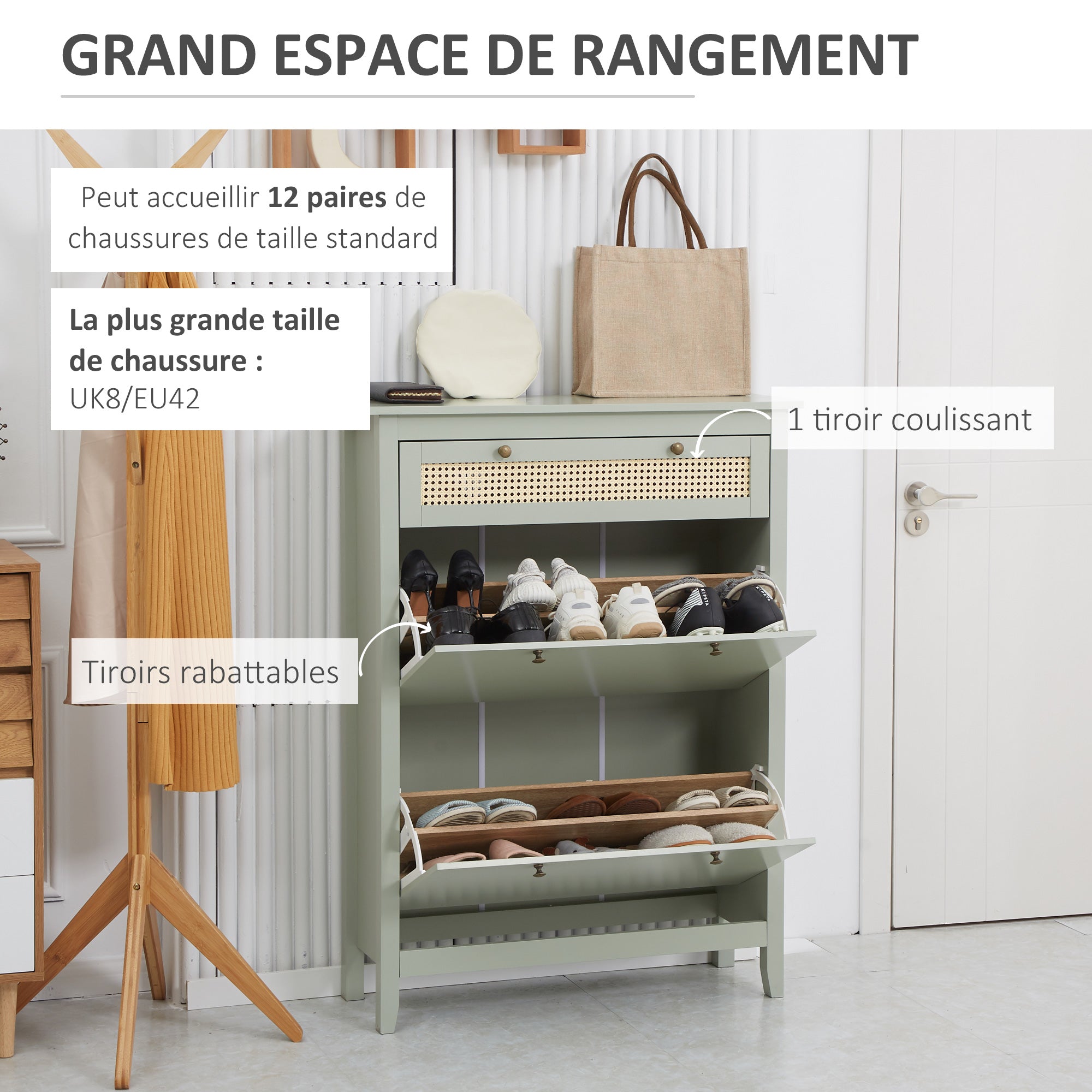 Bohemian Chic Shoe Cabinet - 2 Flip Doors 2 Adjustable Shelves Drawer - Water Green MDF Woven Rattan Look