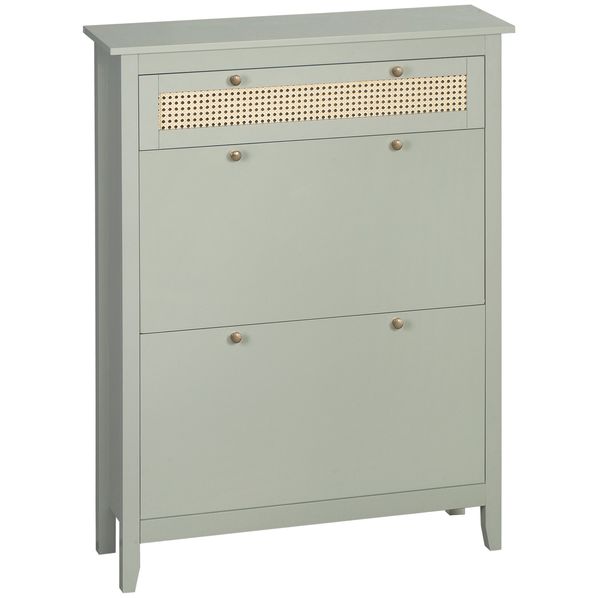 Bohemian Chic Shoe Cabinet - 2 Flip Doors 2 Adjustable Shelves Drawer - Water Green MDF Woven Rattan Look