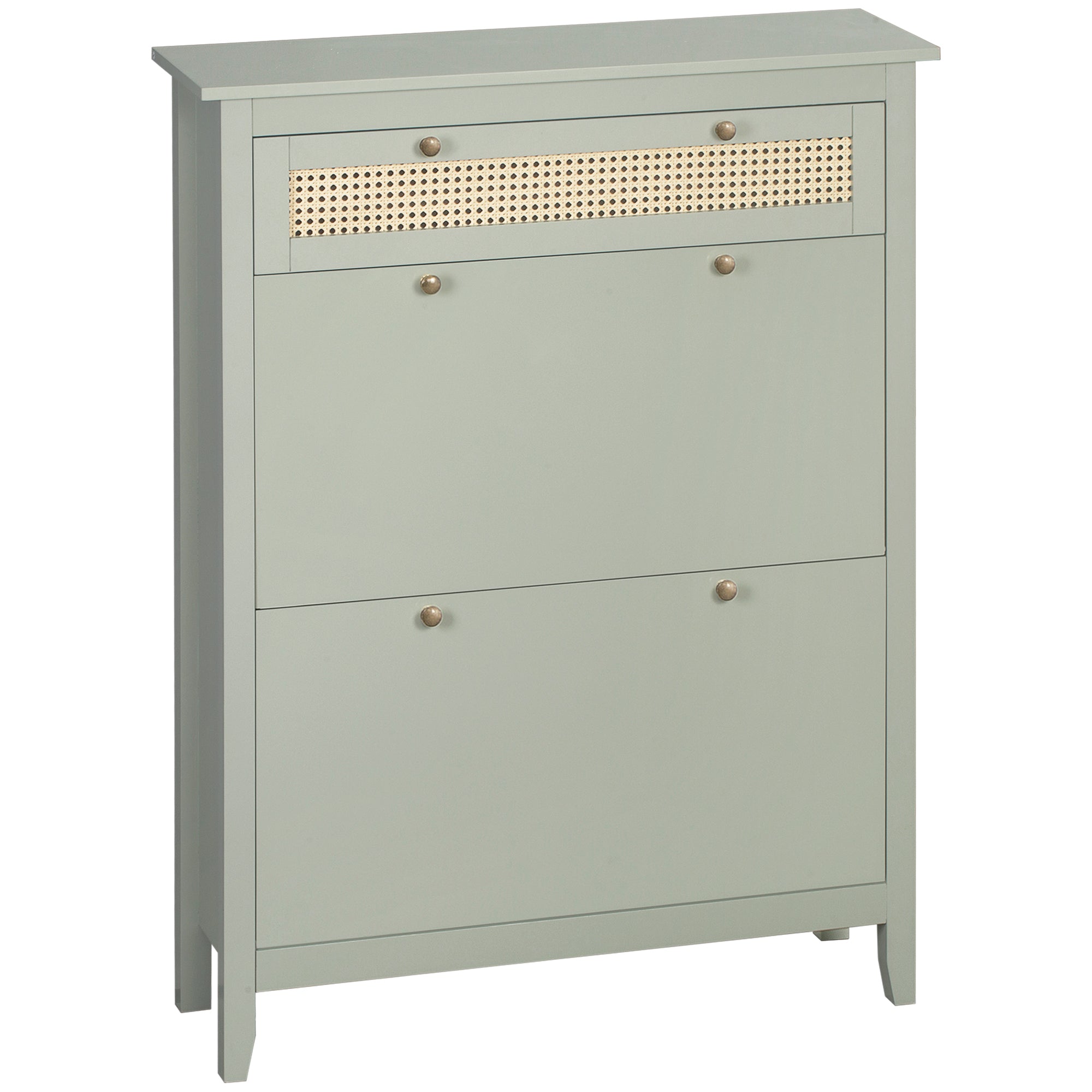 Bohemian Chic Shoe Cabinet - 2 Flip Doors 2 Adjustable Shelves Drawer - Water Green MDF Woven Rattan Look