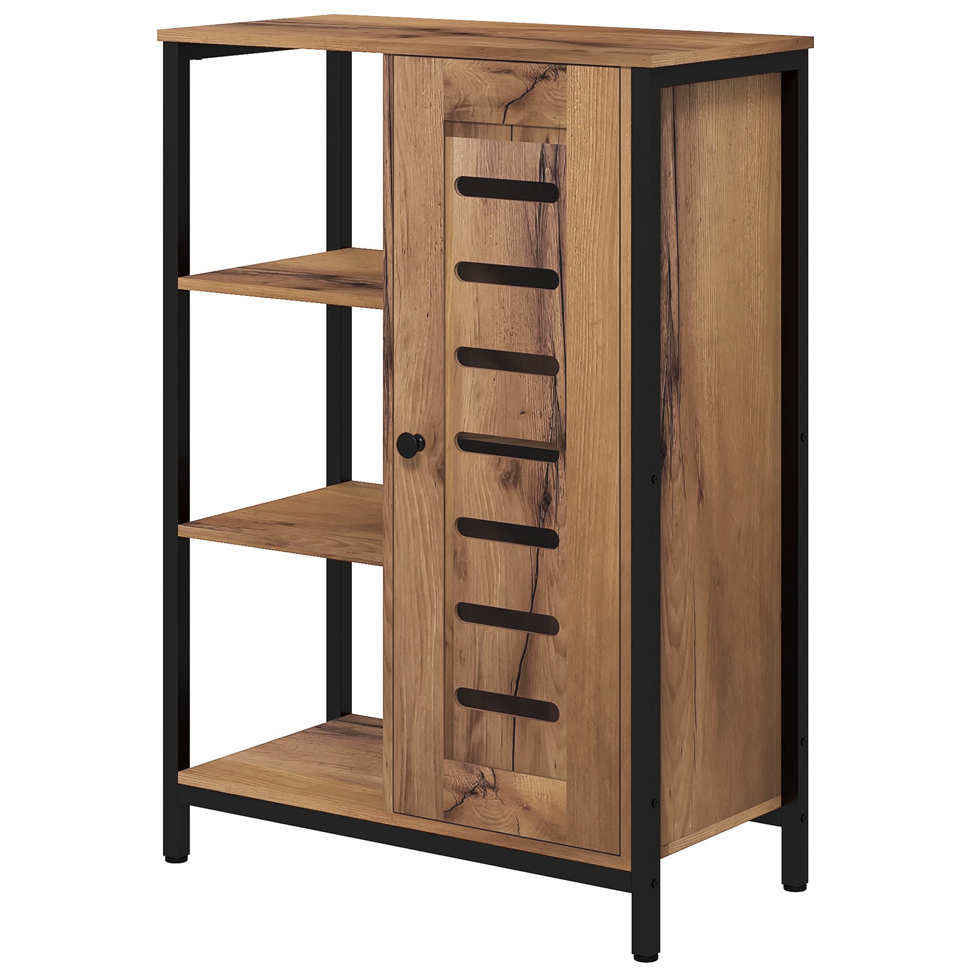 Industrial Design Bathroom Furniture, Steel Structure, 3 Open Shelves, 2-Level Cabinet, Slat Door, 60 x 30 x 85 cm, Rustic Brown