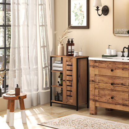 Industrial Design Bathroom Furniture, Steel Structure, 3 Open Shelves, 2-Level Cabinet, Slat Door, 60 x 30 x 85 cm, Rustic Brown