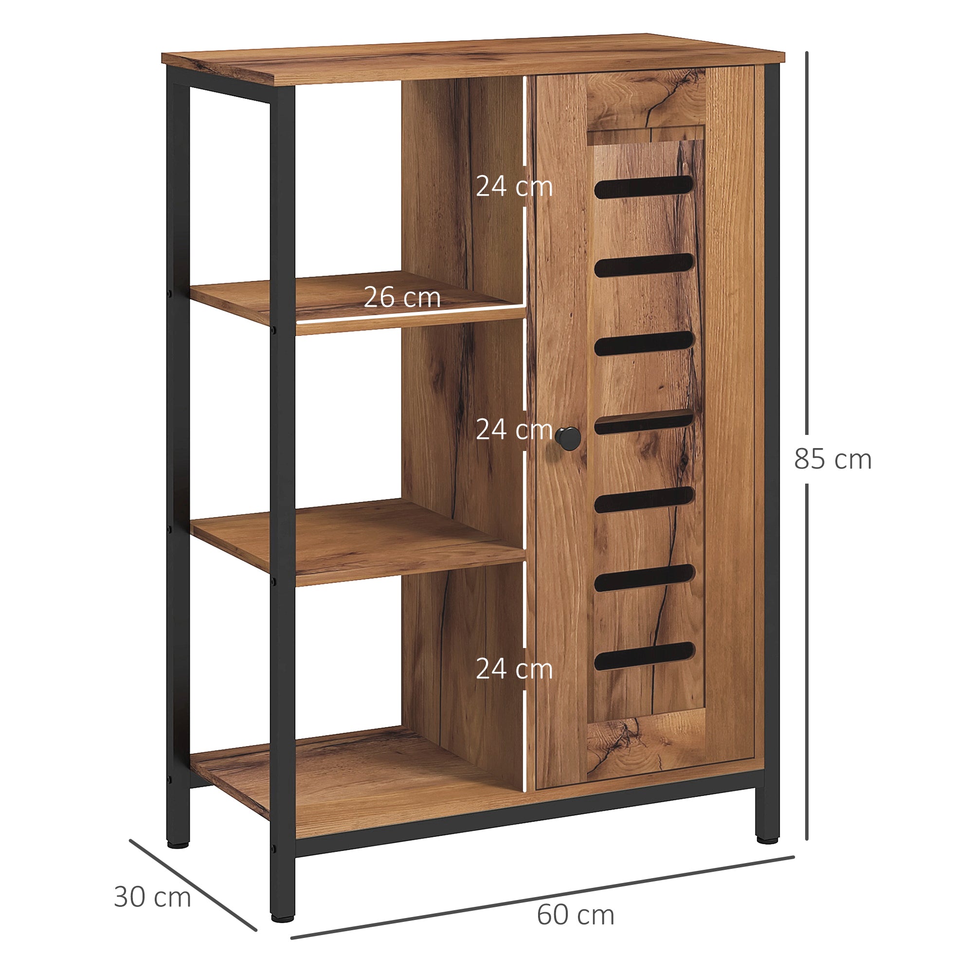 Industrial Design Bathroom Furniture, Steel Structure, 3 Open Shelves, 2-Level Cabinet, Slat Door, 60 x 30 x 85 cm, Rustic Brown