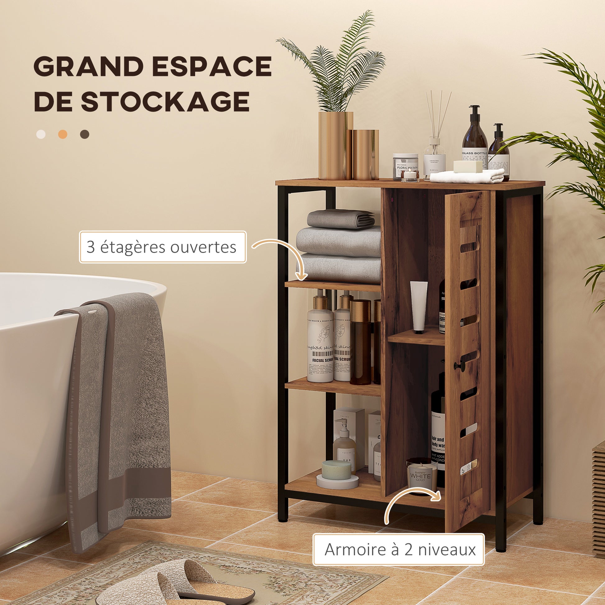 Industrial Design Bathroom Furniture, Steel Structure, 3 Open Shelves, 2-Level Cabinet, Slat Door, 60 x 30 x 85 cm, Rustic Brown