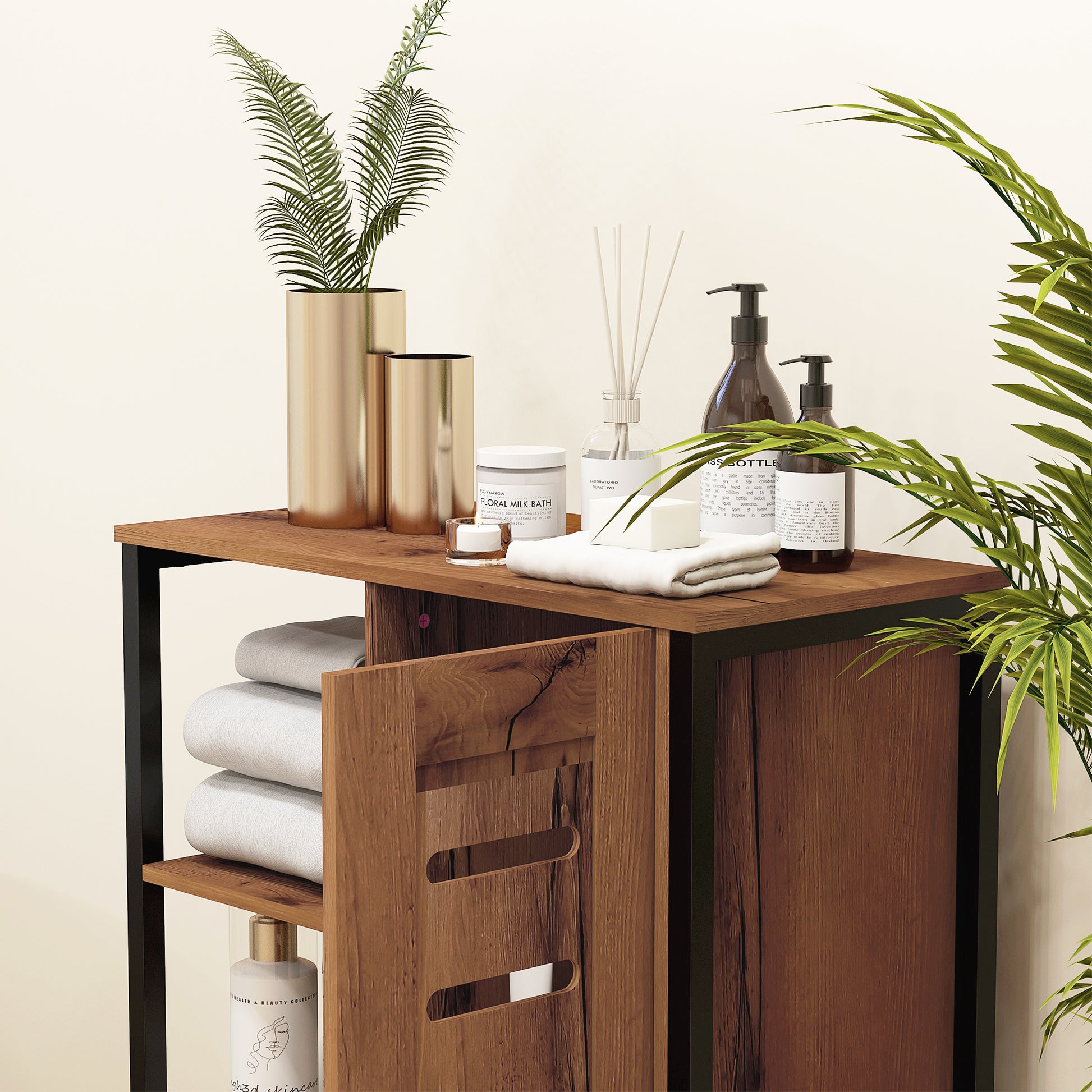 Industrial Design Bathroom Furniture, Steel Structure, 3 Open Shelves, 2-Level Cabinet, Slat Door, 60 x 30 x 85 cm, Rustic Brown