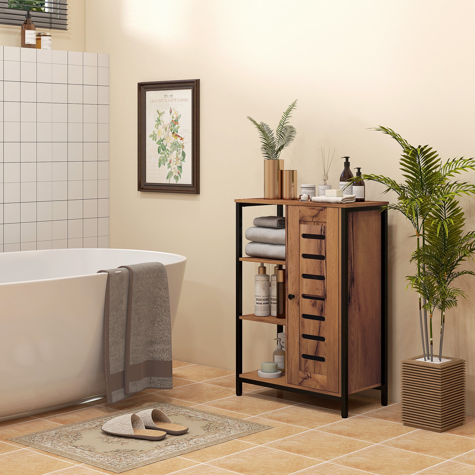 Industrial Design Bathroom Furniture, Steel Structure, 3 Open Shelves, 2-Level Cabinet, Slat Door, 60 x 30 x 85 cm, Rustic Brown