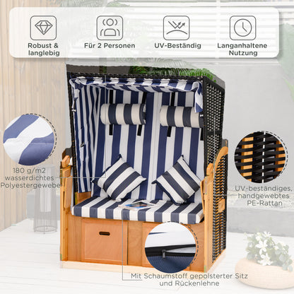 Baltic Sea Full Reclining Beach Chair for 2 People Made of Pine Wood, 5-Position Adjustable Backrest, Beach Chair with Footrest Side Tables, PE Rattan, Beach Chair for Balcony, Blue+White