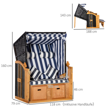 Baltic Sea Full Reclining Beach Chair for 2 People Made of Pine Wood, 5-Position Adjustable Backrest, Beach Chair with Footrest Side Tables, PE Rattan, Beach Chair for Balcony, Blue+White