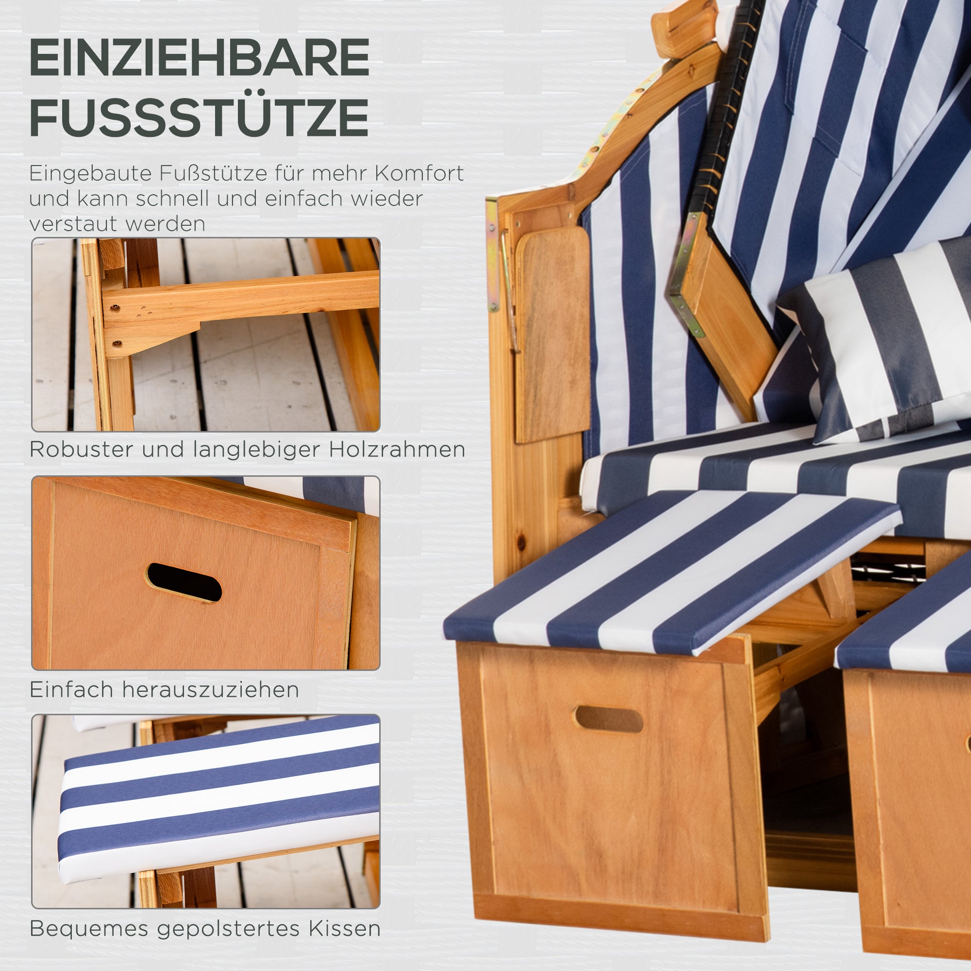 Baltic Sea Full Reclining Beach Chair for 2 People Made of Pine Wood, 5-Position Adjustable Backrest, Beach Chair with Footrest Side Tables, PE Rattan, Beach Chair for Balcony, Blue+White