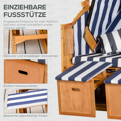 Baltic Sea Full Reclining Beach Chair for 2 People Made of Pine Wood, 5-Position Adjustable Backrest, Beach Chair with Footrest Side Tables, PE Rattan, Beach Chair for Balcony, Blue+White