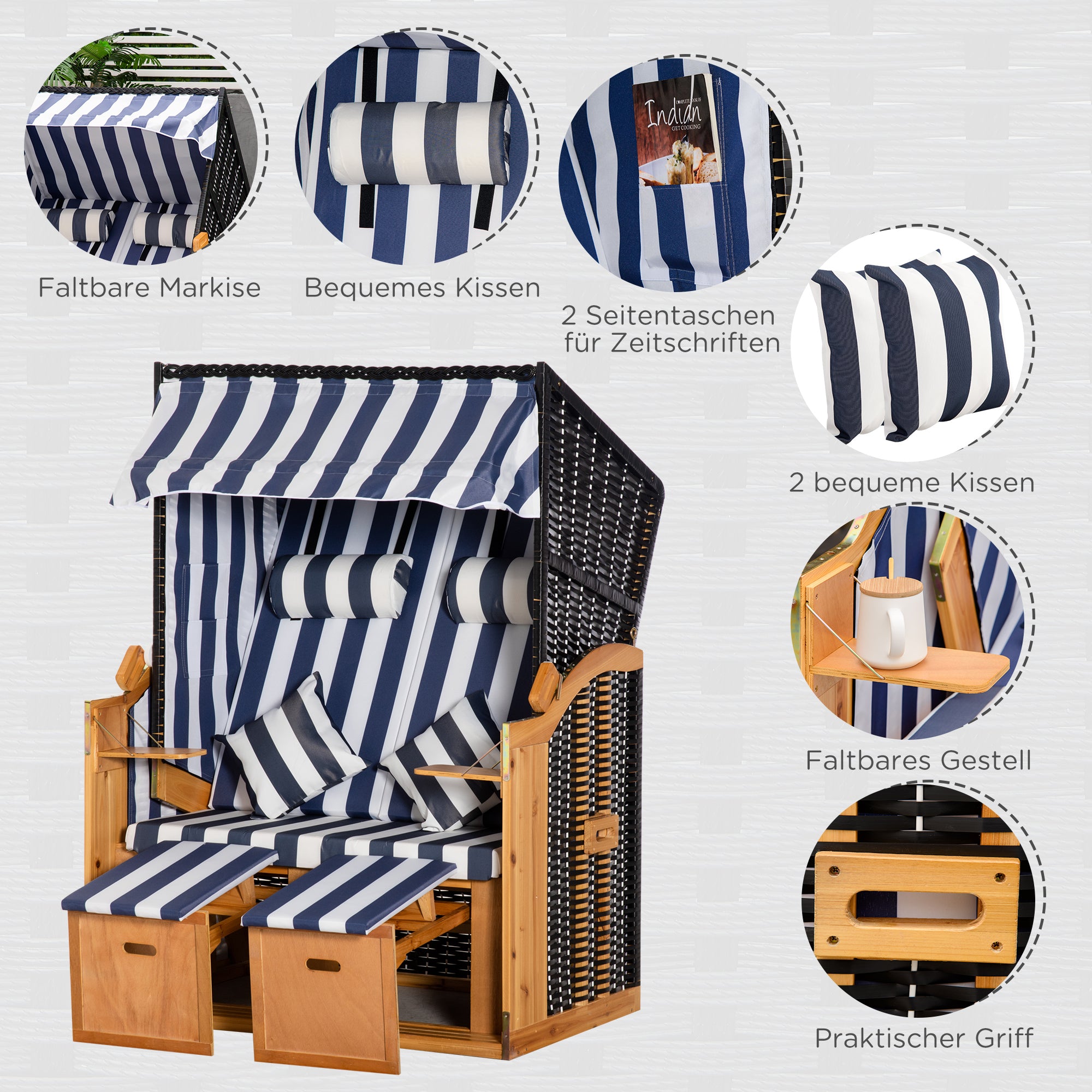 Baltic Sea Full Reclining Beach Chair for 2 People Made of Pine Wood, 5-Position Adjustable Backrest, Beach Chair with Footrest Side Tables, PE Rattan, Beach Chair for Balcony, Blue+White
