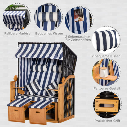 Baltic Sea Full Reclining Beach Chair for 2 People Made of Pine Wood, 5-Position Adjustable Backrest, Beach Chair with Footrest Side Tables, PE Rattan, Beach Chair for Balcony, Blue+White