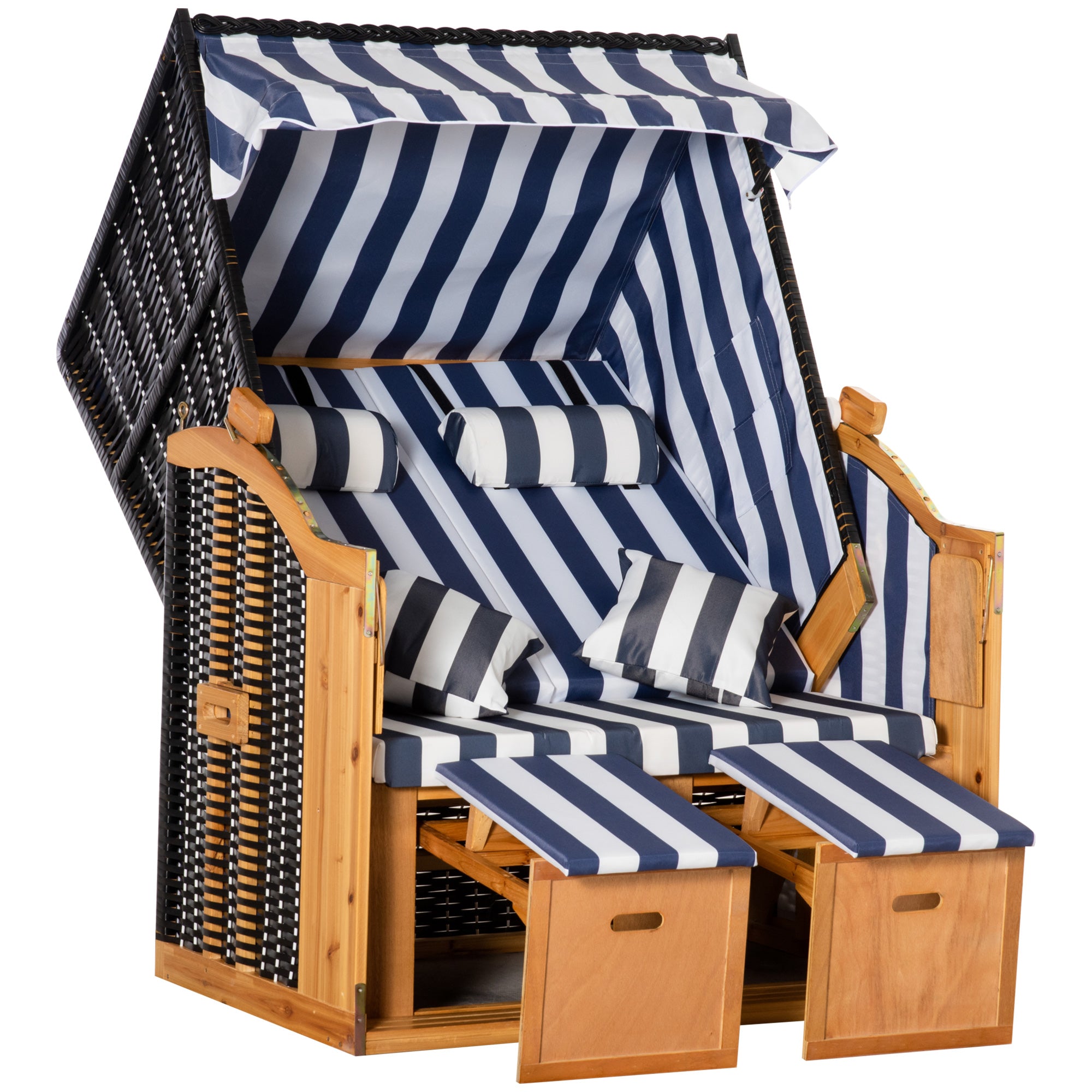 Baltic Sea Full Reclining Beach Chair for 2 People Made of Pine Wood, 5-Position Adjustable Backrest, Beach Chair with Footrest Side Tables, PE Rattan, Beach Chair for Balcony, Blue+White