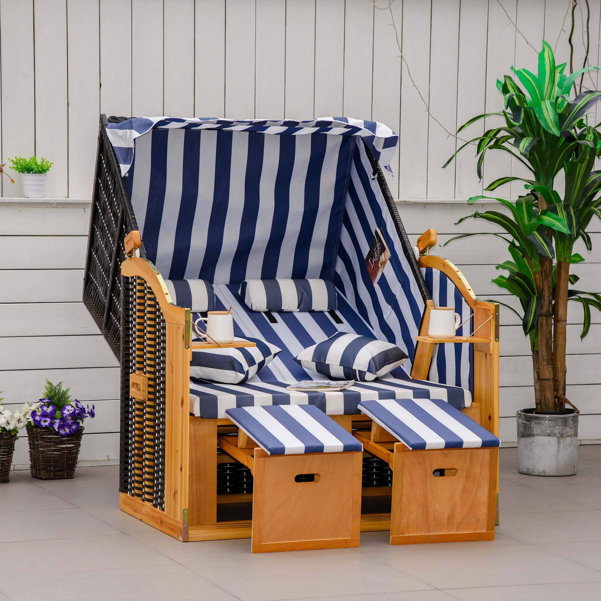 Baltic Sea Full Reclining Beach Chair for 2 People Made of Pine Wood, 5-Position Adjustable Backrest, Beach Chair with Footrest Side Tables, PE Rattan, Beach Chair for Balcony, Blue+White