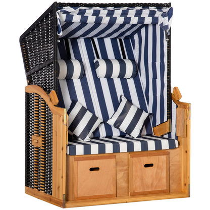 Baltic Sea Full Reclining Beach Chair for 2 People Made of Pine Wood, 5-Position Adjustable Backrest, Beach Chair with Footrest Side Tables, PE Rattan, Beach Chair for Balcony, Blue+White