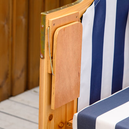 Baltic Sea Full Reclining Beach Chair for 2 People Made of Pine Wood, 5-Position Adjustable Backrest, Beach Chair with Footrest Side Tables, PE Rattan, Beach Chair for Balcony, Blue+White
