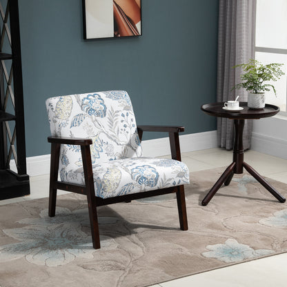 Armchair Upholstered with Wooden Arms and Breathable Fabric for Home and Office, Floral Print, 68.5x78.5x75cm