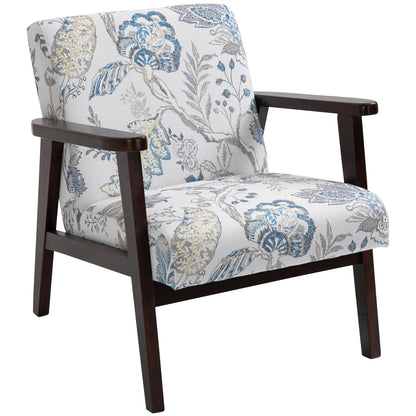 Armchair Upholstered with Wooden Arms and Breathable Fabric for Home and Office, Floral Print, 68.5x78.5x75cm