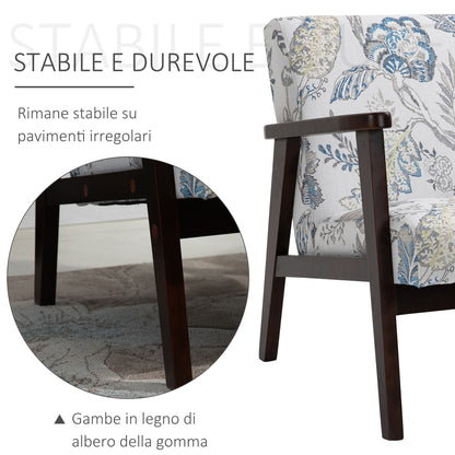 Armchair Upholstered with Wooden Arms and Breathable Fabric for Home and Office, Floral Print, 68.5x78.5x75cm