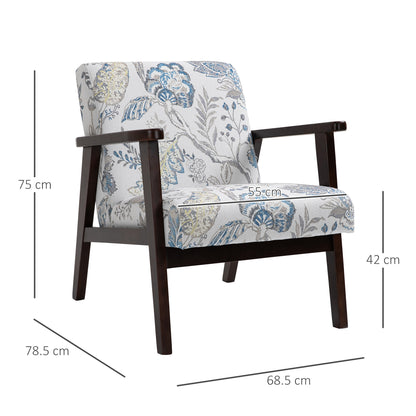 Armchair Upholstered with Wooden Arms and Breathable Fabric for Home and Office, Floral Print, 68.5x78.5x75cm