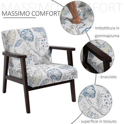 Armchair Upholstered with Wooden Arms and Breathable Fabric for Home and Office, Floral Print, 68.5x78.5x75cm