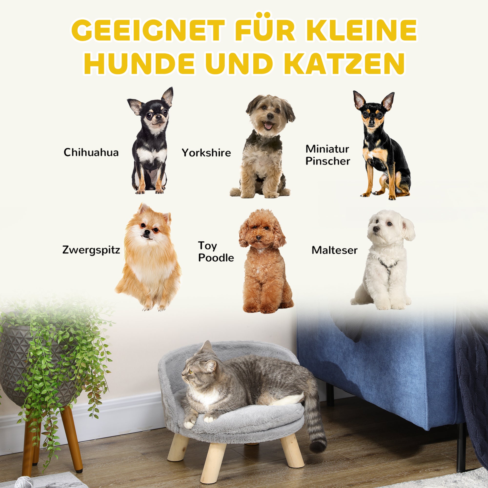 Dog Sofa Dog Couch with Cushion, Wooden Legs, Washable Dog Bed Elevated Pet Sofa Cat Sofa for Small Dogs, 40.5 x 40.5 x 33 cm Gray
