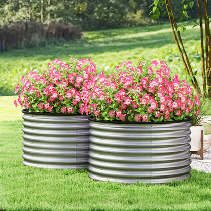 Set of 2 Raised Planters Elevated Round Planter Kit Open Bottom Rubber Joints Galvanized Steel Silver