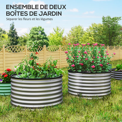 Set of 2 Raised Planters Elevated Round Planter Kit Open Bottom Rubber Joints Galvanized Steel Silver