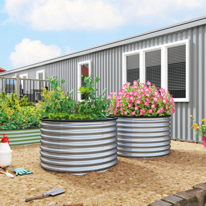 Set of 2 Raised Planters Elevated Round Planter Kit Open Bottom Rubber Joints Galvanized Steel Silver