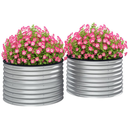 Set of 2 Raised Planters Elevated Round Planter Kit Open Bottom Rubber Joints Galvanized Steel Silver