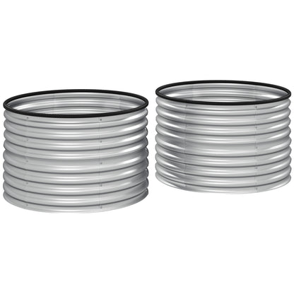 Set of 2 Raised Planters Elevated Round Planter Kit Open Bottom Rubber Joints Galvanized Steel Silver