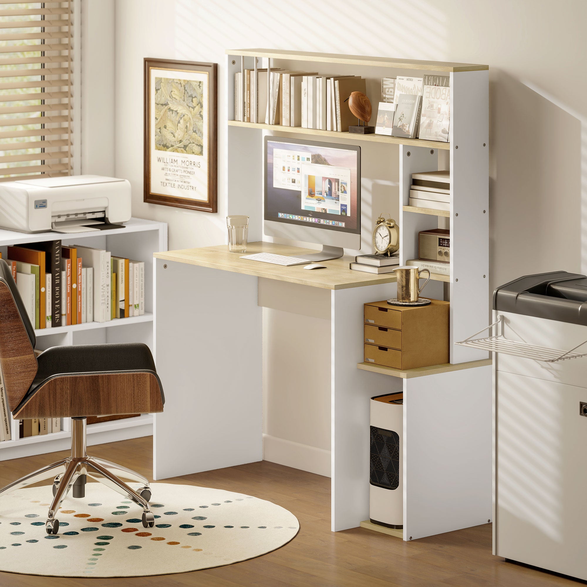 Computer Desk with Storage 113 x 45 x 138.5 cm - Storage Shelves, Compartments, and CPU Stand, Oak and White
