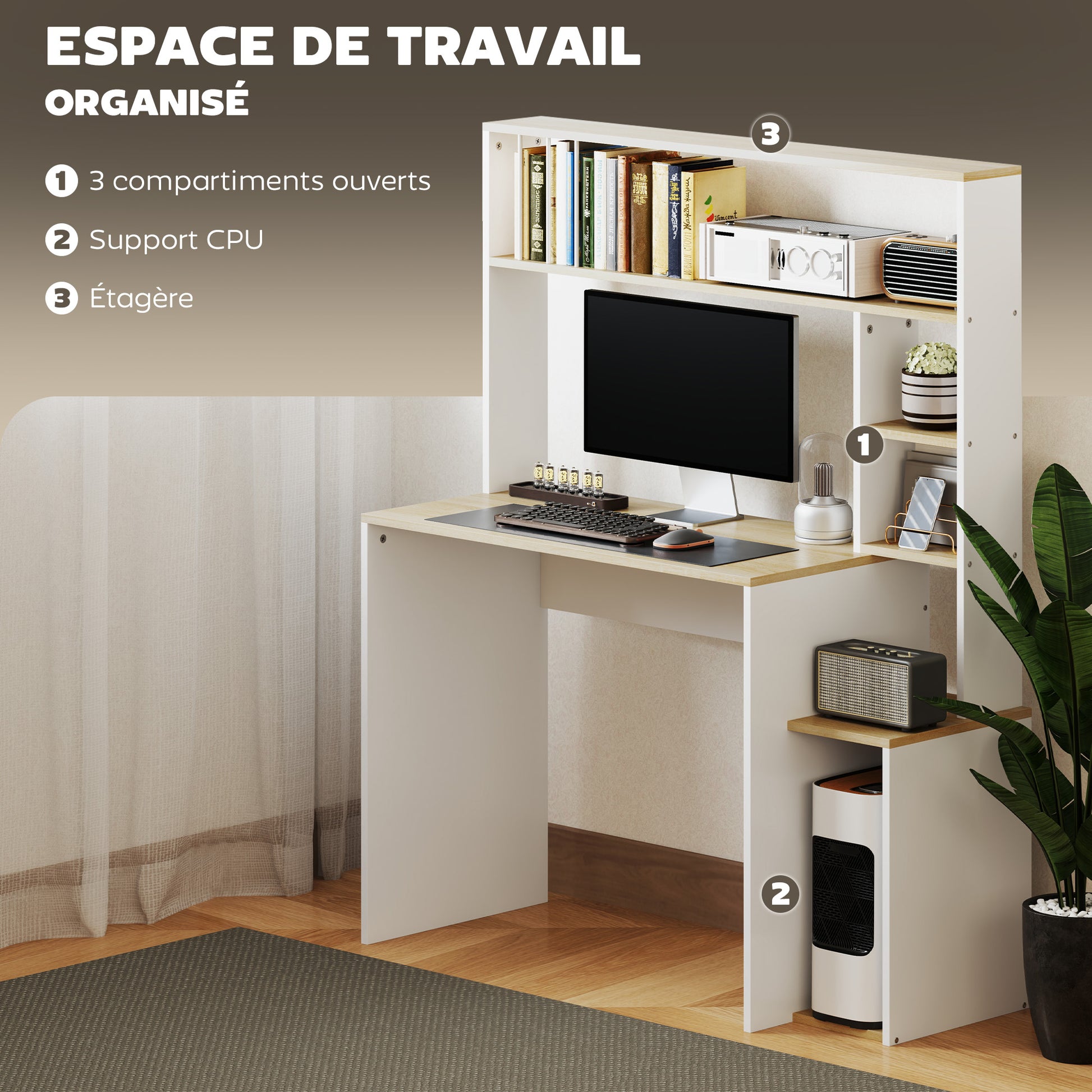 Computer Desk with Storage 113 x 45 x 138.5 cm - Storage Shelves, Compartments, and CPU Stand, Oak and White
