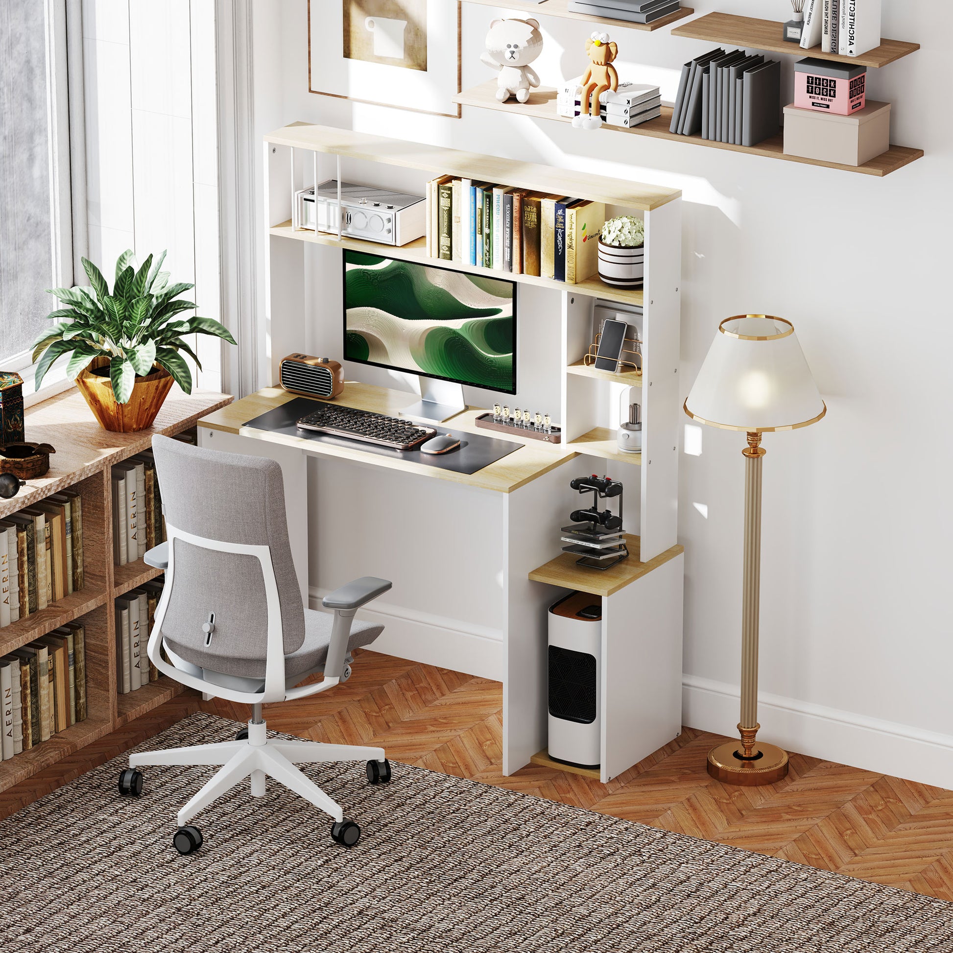 Computer Desk with Storage 113 x 45 x 138.5 cm - Storage Shelves, Compartments, and CPU Stand, Oak and White