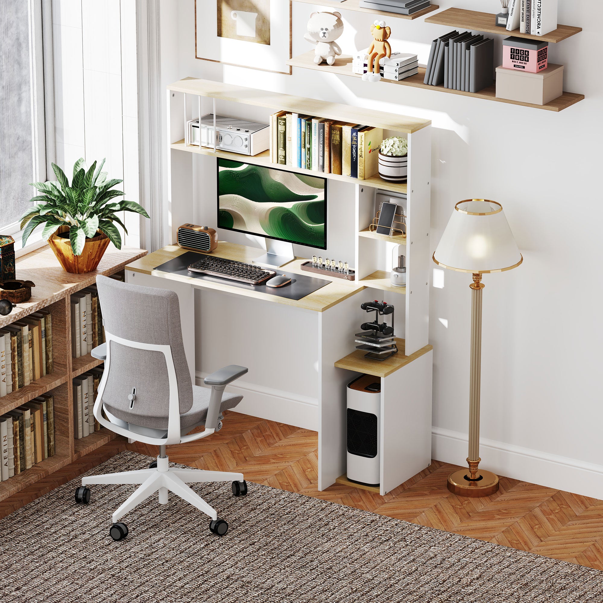 Computer Desk with Storage 113 x 45 x 138.5 cm - Storage Shelves, Compartments, and CPU Stand, Oak and White