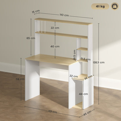 Computer Desk with Storage 113 x 45 x 138.5 cm - Storage Shelves, Compartments, and CPU Stand, Oak and White