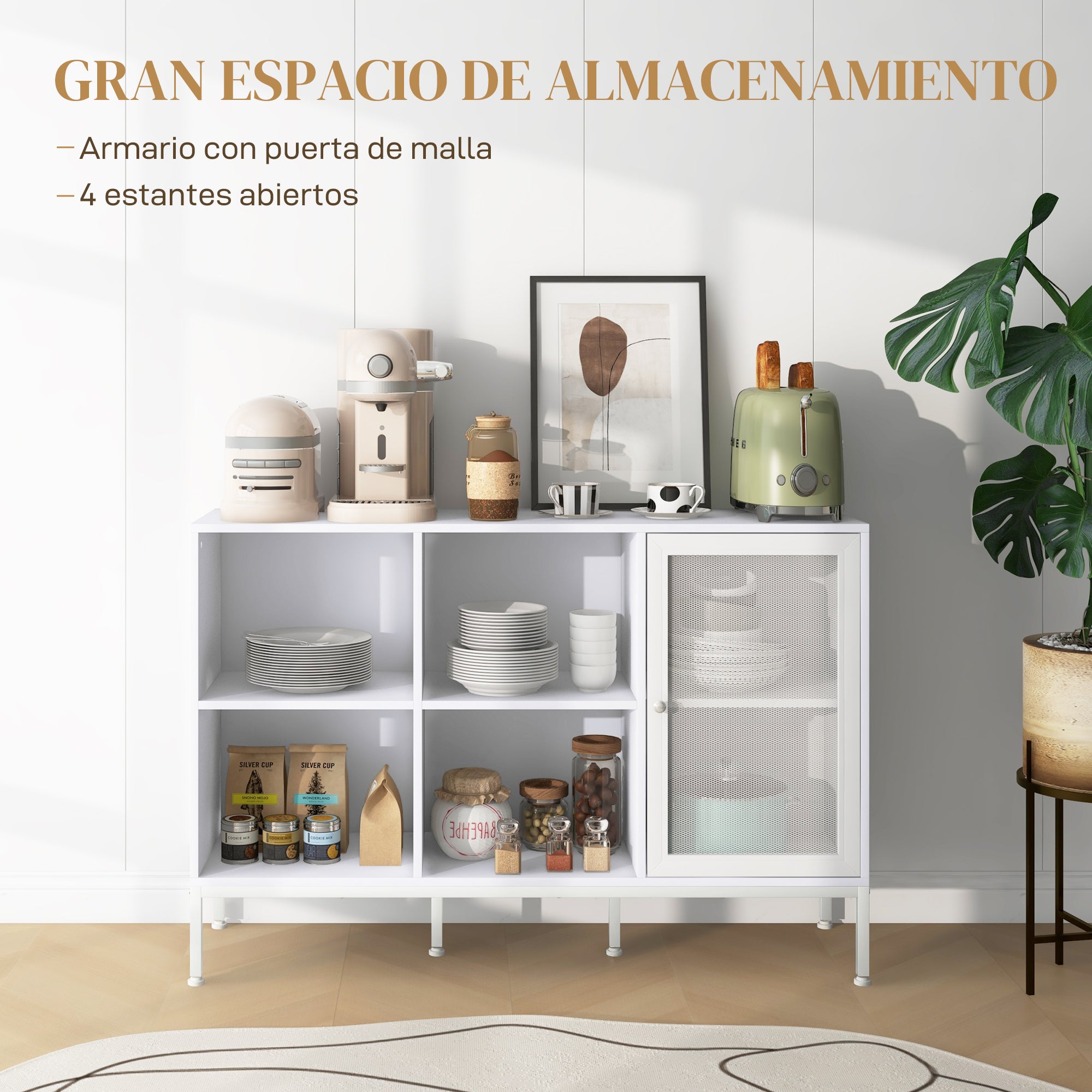 Kitchen Sideboard Cabinet with Mesh Door 4 Open Compartments and Adjustable Shelf Modern Kitchen Buffet for Dining Living Room 120x37x81.5 cm White
