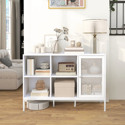 Kitchen Sideboard Cabinet with Mesh Door 4 Open Compartments and Adjustable Shelf Modern Kitchen Buffet for Dining Living Room 120x37x81.5 cm White