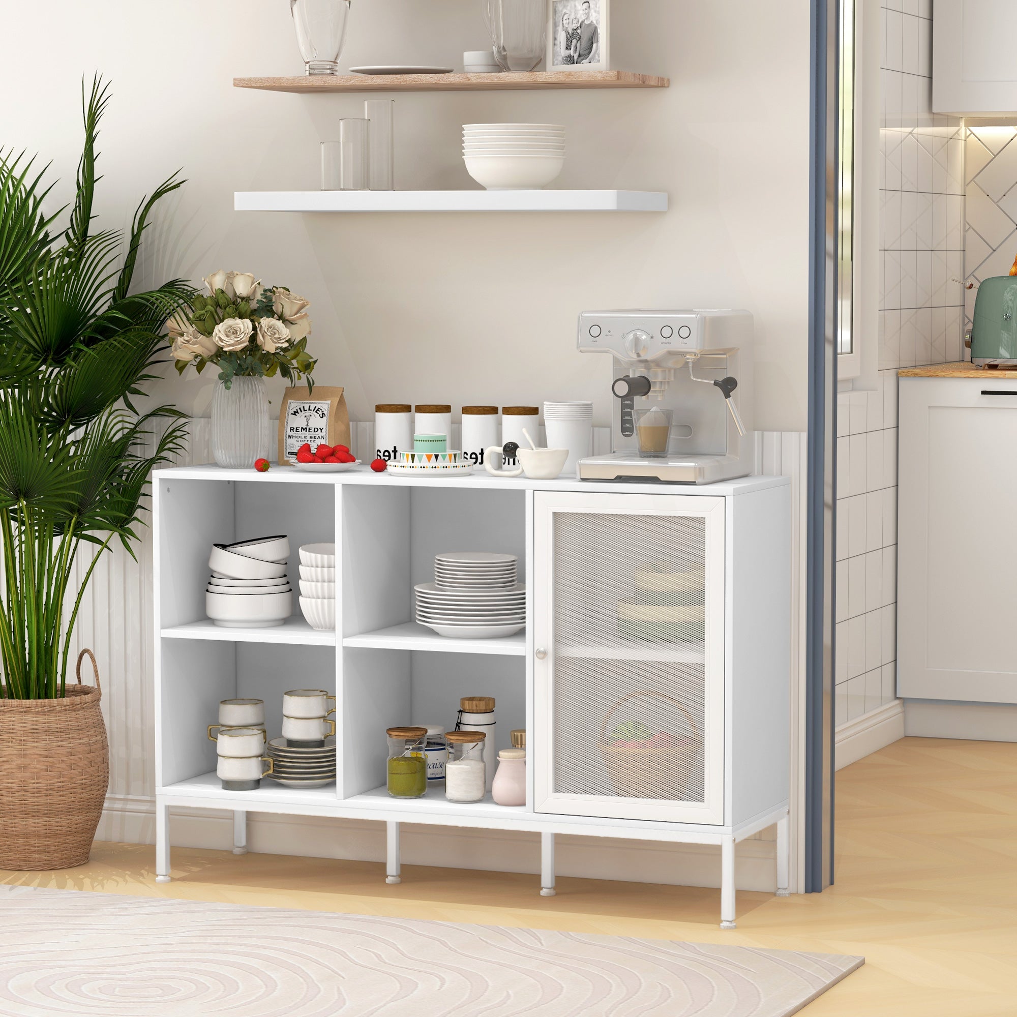 Kitchen Sideboard Cabinet with Mesh Door 4 Open Compartments and Adjustable Shelf Modern Kitchen Buffet for Dining Living Room 120x37x81.5 cm White