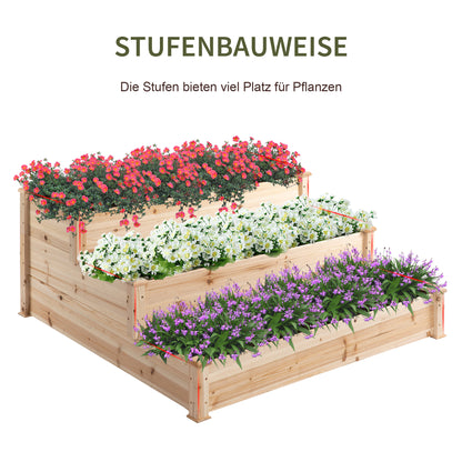 Raised Bed 3-Tier Garden Planter Herb Planter Flower Staircase for Balcony Garden Natural Pine Wood 120 x 120 x 56 cm