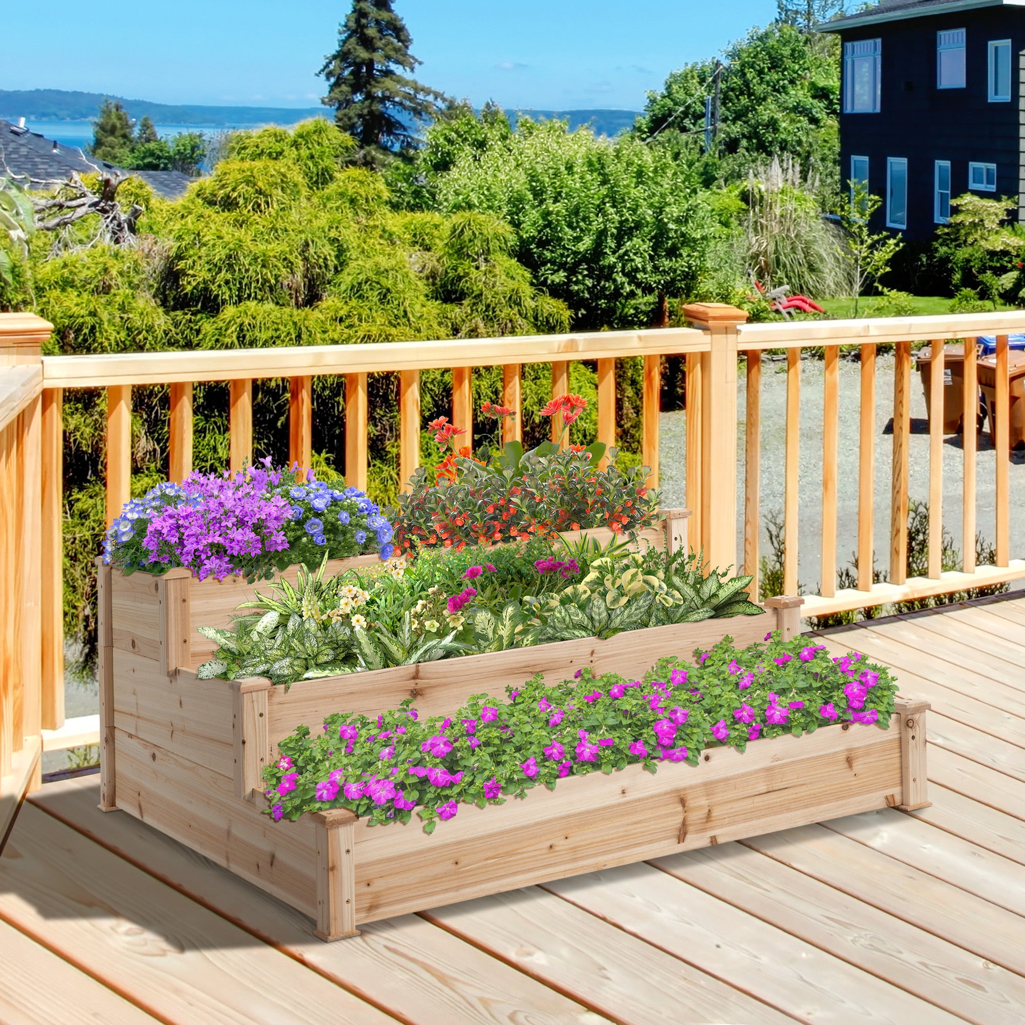 Raised Bed 3-Tier Garden Planter Herb Planter Flower Staircase for Balcony Garden Natural Pine Wood 120 x 120 x 56 cm